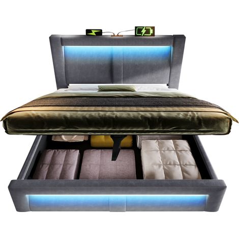 Polsterbett Doppelbett 140 x 200 cm aus Samt, LED, USB und Type-C, ohne Matratze, Grau (1/5)