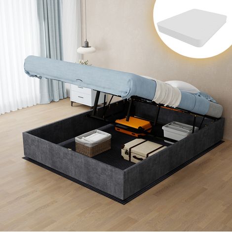 Letto moderno in tessuto grigio e metallo 140x200 cm, senza testiera, con materasso incluso (1/5)