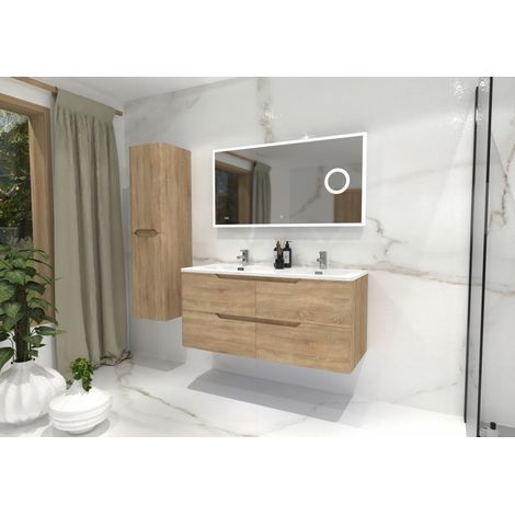 Sanitaire – Meuble double vasque LUNA Bois clair 120cm – Miroir avec éclairage intégré LITE 117cm – 4 tiroirs avec fermeture amortie – Plan vasque résine synthèse