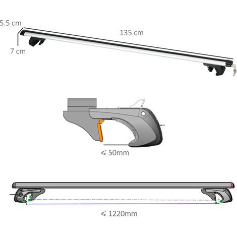 Barre de toit pour voiture avec une capacité de charge de 75 kg (avec serrure et clé de sécurité), en aluminium et plastique ABS, 135,3 x 5,7 x 7 cm, argent. (1/5)