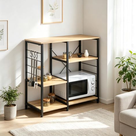 Estantería de cocina (90x40x83.5 cm), 5 estantes con 4 ganchos, para microondas y almacenaje, madera manufacturada y acero, roble claro (1/4)