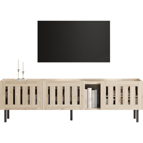 Meuble TV bas 1604047cm, meuble TV minimaliste, support TV en bois naturel, meuble au design ajouré, meuble TV adapté aux téléviseurs 65 pouces, MDF (1/5)