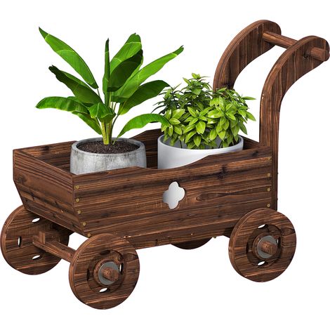 Jardinière surélevée en bois, bac à fleurs en forme de chariot, châssis de culture avec 4 roues, poignée, bac de jardin 68 x 38 x 52 cm