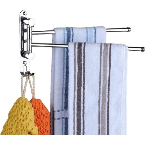 Porte-serviettes pivotant, barre à serviettes à 2 bras en acier inoxydable, fixation murale avec crochets (argent) (1/4)
