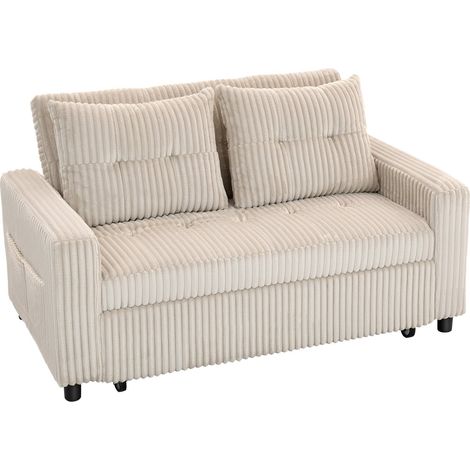 Sofá cama convertible de 2 plazas, tela de pana, blanco crema
