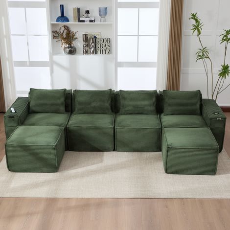 Canapé modulable 4 places sans montage 330x162x75 cm, 2 poufs, porte-gobelets, poches latérales, mousse et ressorts, velours côtelé, vert (1/5)
