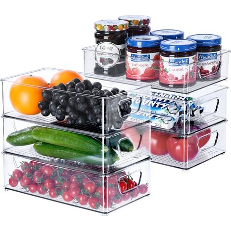 Lot de 6 plateaux de rangement pour réfrigérateur – Transparents – Organisateur de frigo – Bacs empilables (1/4)