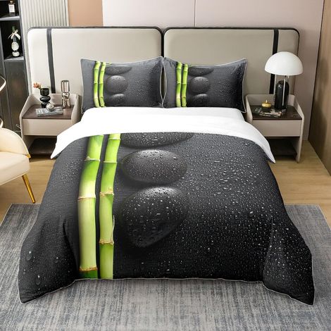 Parure de lit en bambou avec housse de couette 135 x 200 cm 100 % coton pour garçons filles adolescents Tranquil Nature Artwork respirant Zen Spiritual Noir (1/5)