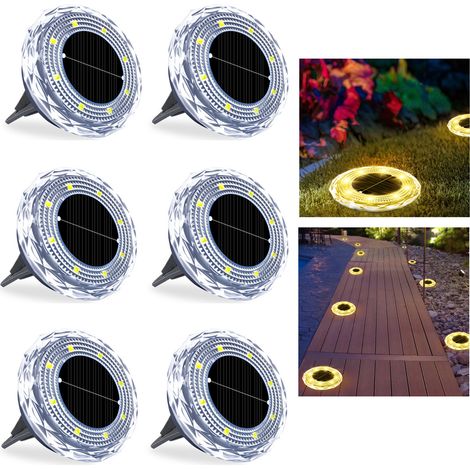 Lot de 6 lampadaires solaires, 8 LEDs IP65 étanches, Lampes solaires de jardin pour pelouse, allée, piscine, blanc chaud (1/5)
