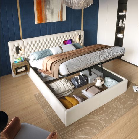 MODFU – Letto contenitore 180x200 cm in velluto e metallo con contenitore idraulico, comodini, lampade USB/Type-C, portata 226 kg e 3 colli – Beige (1/5)