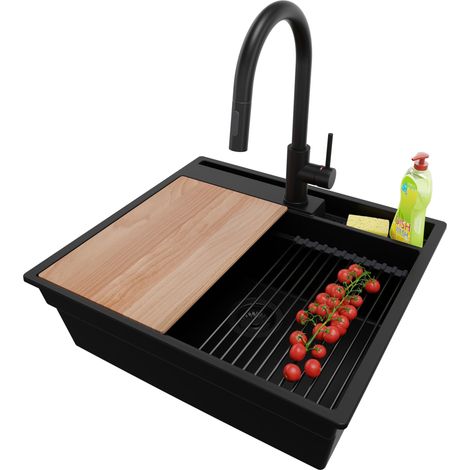 PRIMAGRAN Evier Cuisine en Granit 58x53cm, Lavabo 1 bac + Kit de Vidage + Accessoire, Évier à Encastrer au meuble 60cm - Oslo Pocket, Tout Noir (1/5)