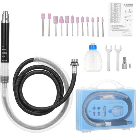 Mini meuleuse pneumatique type stylo avec tuyau d'air 2 mandrins 1/4 po outil rotatif pneumatique sans calage vitesse réglable ponçeuse polisseuse gravure perçage à main avec clés étui de transport