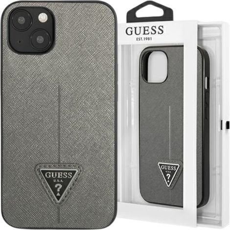 Custodia Guess Saffiano con logo triangolare, colore argento, per iPhone 13. (1/5)