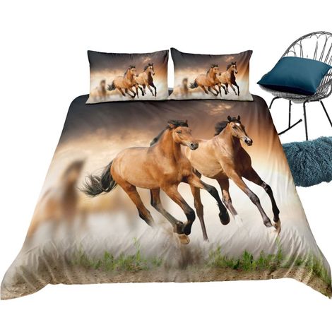 Parure de lit 220x240cm – 2 personnes – Effet 3D beau cheval – 3 pièces avec housse de couette et 2 taies 63x63cm – Fibre synthétique – Ideko (1/4)