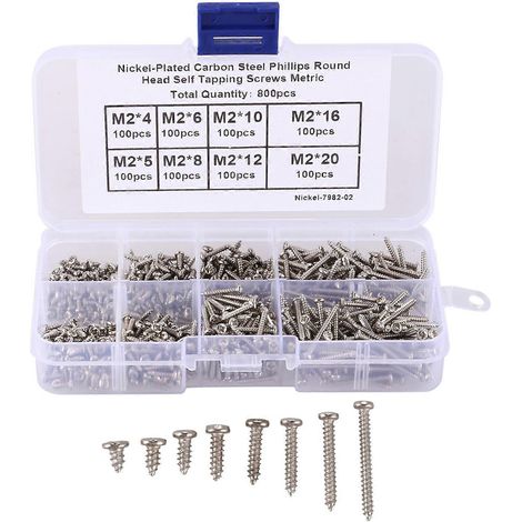 Lot de 800 vis autotaraudeuses à tête cylindrique cruciforme en acier au carbone M2, assortiment de fixations M2 x 4/5/6/8/10/12/16/20 mm (1/5)