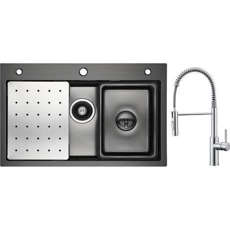 Cecipa Lavello Nero 1 Vasca 70×45 cm con Gocciolatoio / Vaschetta / Dosatore Sapone + Miscelatore Cucina a Molla con Doccetta Estraibile, Rubinetto Lavello 2 Modalità Uscita Acqua, Spazzolato