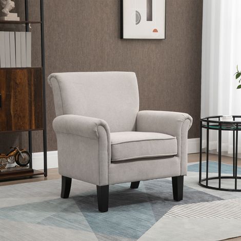 Sillón de estilo nórdico con reposabrazos, tapizado en madera y poliéster, 79x78x87 cm, gris y marrón.