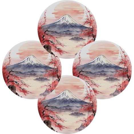 Lot de 4 sets de table ronds japonais Mount Fuji Cherry Blossoms - Résistants à la chaleur - Lavables - En polyester - Pour cuisine, décoration d'intérieur, vacances, fêtes de mariage, intérieur et'Lo (1/5)