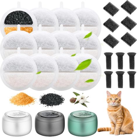 Filtre Fontaine Eau Chat, Lot de 12 Filtre Fontaine Chat, 6 Filtre Pompe Fontaine Eau Chat et 6 Centrales Éponge Insonorisante pour Feelneedy F-016 84 FL oz/2,5 L Fontaine Eau Chat (1/5)