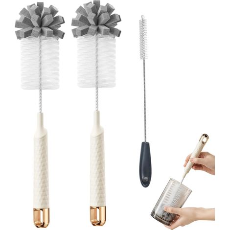 Set long brosse à bouteilles 2-en-1, éponge et brosse à paille, 35 cm, sans rayure (1/5)
