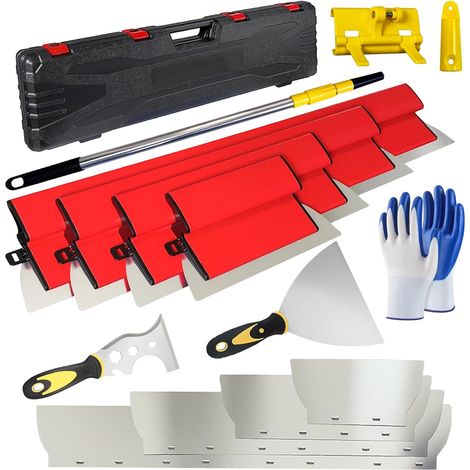 14 PCS Kit de Couteau à Enduire, 25/40/60/80 cm Lames en Acier Inoxydable 0,35 et 0,5 mm, Perche Télescopique 1,28 m et Mallette pour Plaquiste, Kit de Lissage pour Cloisons Sèches (1/5)