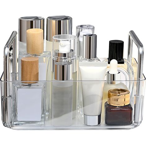 Boîte de rangement transparente PET grande capacité, panier de stockage portable avec poignée, organisateur facile d'accès pour cosmétiques et bijoux (1/5)