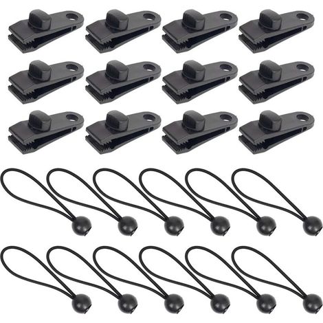 Lot de 12 clips de bâche + 12 tendeurs en caoutchouc avec boule de 15 cm, pinces de bâche avec verrouillage de serrage, vis de préhension, clips pour bâche d'extérieur, tente, camping, auvent (1/4)