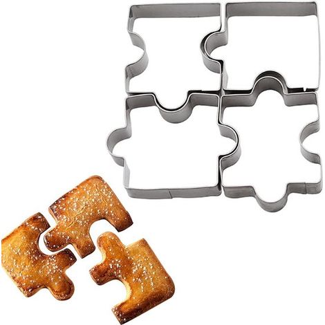 Set di 4 tagliabiscotti e stampini per pasta di zucchero, a forma di puzzle, per cuocere e decorare torte e biscotti, in acciaio inox. (1/5)