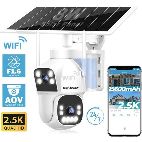 GENBOLT Solaire WiFi Caméra de Surveillance Extérieur AOV Enregistrement 24/7 à Batterie Rechargeable 8W 15600mAh Double Objectif