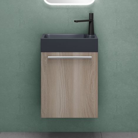 Mai & Mai Meuble de Salle de Bain Chêne Clair 46cm Meubles de Salle de Bain Suspendu avec Lavabo Gris-noir Mat et Miroir Pisa