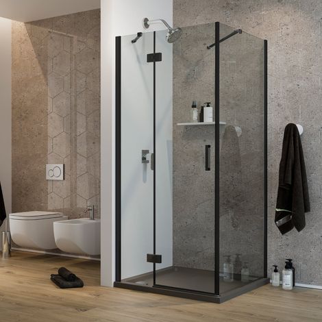 Box doccia battente vetro trasparente con h 190 mod. Flip Black Anta + Fisso 75x75 cm