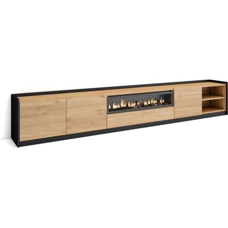 Mueble TV Gibralgalia-02 de 310x50x37 cm con chimenea eléctrica, color roble y negro (1/4)