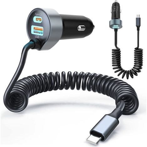 Ce chargeur de voiture USB-C est fourni avec un câble de données spiralé USB-C de 1,5 mètre et de 65 W, prend en charge les protocoles de charge rapide PD et QC3.0 et dispose d'un port USB 12 V. (1/5)