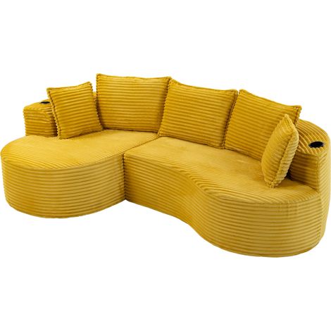 CAIziCanapé courbé en velours côtelé – doux, respirant, avec porte-gobelet et poche de rangement. Mousse haute densité pour un confort d’assise agréable. Coussins inclus, compressé, prêt à l’emploi. P (1/5)