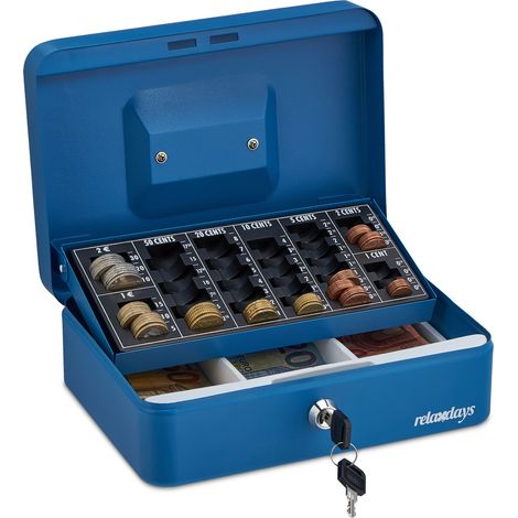 Relaxdays Caisse à monnaie, monnayeur, verrouillable, acier, transportable, pièces et billets, HLP 9x25x18 cm, bleue