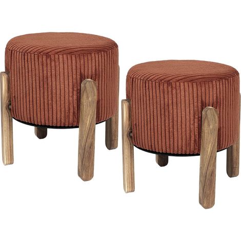 Altobuy – Lot de 2 tabourets de bar en velours côtelé terracotta – Hauteur d'assise 35cm – Pieds en acacia teinté – Rembourrage mousse PU (1/4)