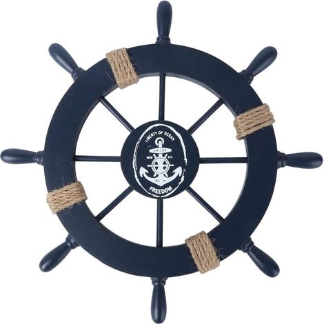 Décoration murale de roue de bateau en bois nautique, décoration murale de style méditerranéen (bleu foncé) (1/5)