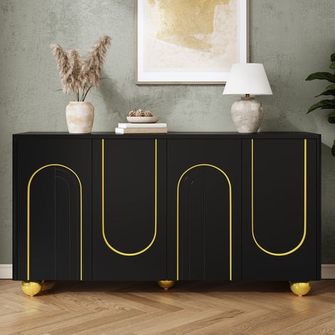Buffet bas 4 portes, 140x40x74 cm,Meuble de rangement pour salon salle à manger et entrée, art déco avec arches dorées et pieds boules en métal, Noir (1/5)