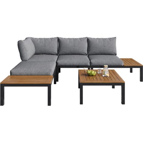 Salon de jardin 2 canapés 2 places + 3 tables acacia gris tissu