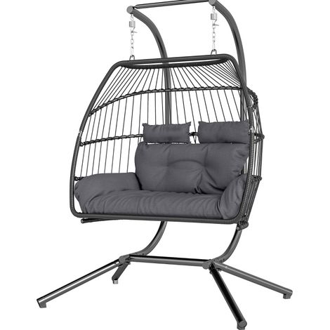 Hängesessel con struttura pieghevole in polyrattan grigio scuro con cuscino 170 x 100 x 185 cm (1/5)