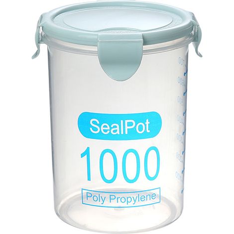 Transparenter Kunststoff-Aufbewahrungsbehälter mit luftdichtem Verschluss für Küchenlebensmittel, Getreide, Bohnen, Nüsse (1000 ml, blau)