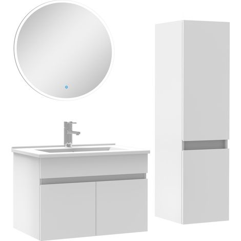 Ensemble Salle De Bain simple vasque avec colonne et miroir rond 60cm meuble blanc (1/5)