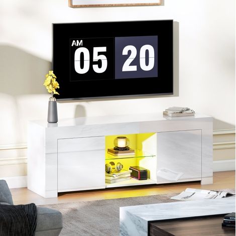 TV-Schrank Weiß mit Glasregal und RGB-LED, 2 Türen, Kabeldurchführungen, 120 x 34 x 45 cm (1/4)