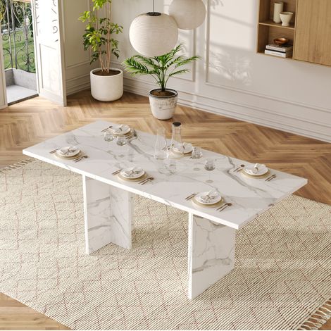 MEUBLIV Table à manger extensible 140/180x80 cm blanc finition marbre – 6 à 8 personnes (1/5)