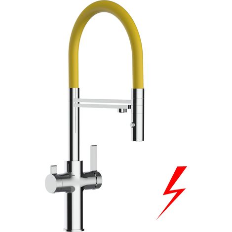 NIEDERDRUCK 3 Wege Wasserhahn Küchenarmatur Spültischmischer, Verchromt mit 360° schwenkbarem Auslauf, abnehmbare 2 strahl Handbrause, Flex-Schlauch oben in Gelb - VZFC Linie (1/5)