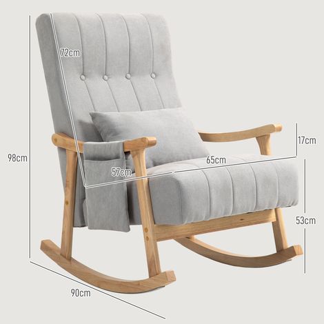 Sedia a dondolo con cuscino lombare, seduta ampia, struttura in faggio, portata massima 120 kg, colore grigio.