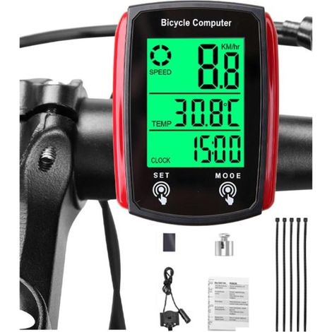 Ciclocomputador,Cuentakilómetros con cable,Resistente al agua,Velocímetro HD,19 funciones,Cuentakilómetros para MTB,Negro-Rojo (1/5)