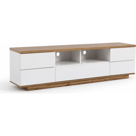 Mobile Tv Moderno Con 4 Ante 1 Anta A Ribalta 2 Vani A Giorno Con Passacavi Per Arredo Soggiorno Living Salotto In MDF Resistente 180 x 38 x 46 Cm Bianco E Rovere (1/5)