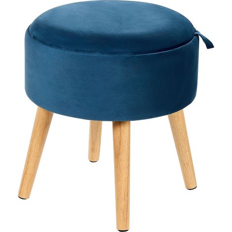 Pouf in velluto imbottito blu con vassoio contenitore Neely