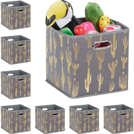 Relaxdays Set of 8 Folding Storage Boxes, Square, 29 x 28.5 x 28.5 cm, Shelf Tidy with Handle Holes, Cactus, Grey/Gold